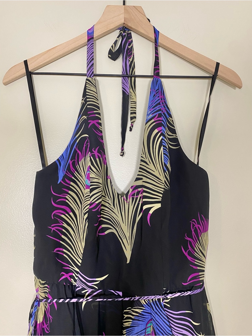 Boston Proper Peacock Halter Maxi Dress High Low Flowy Chiffon V Neck Size 8 - Picture 3 of 16